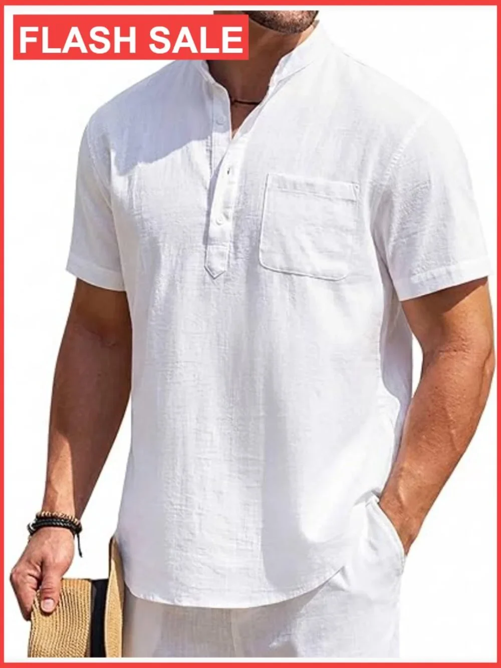 Men's Cotton Linen Henley Shirt Short Sleeve Casual Beach T-Shirt with Pocket